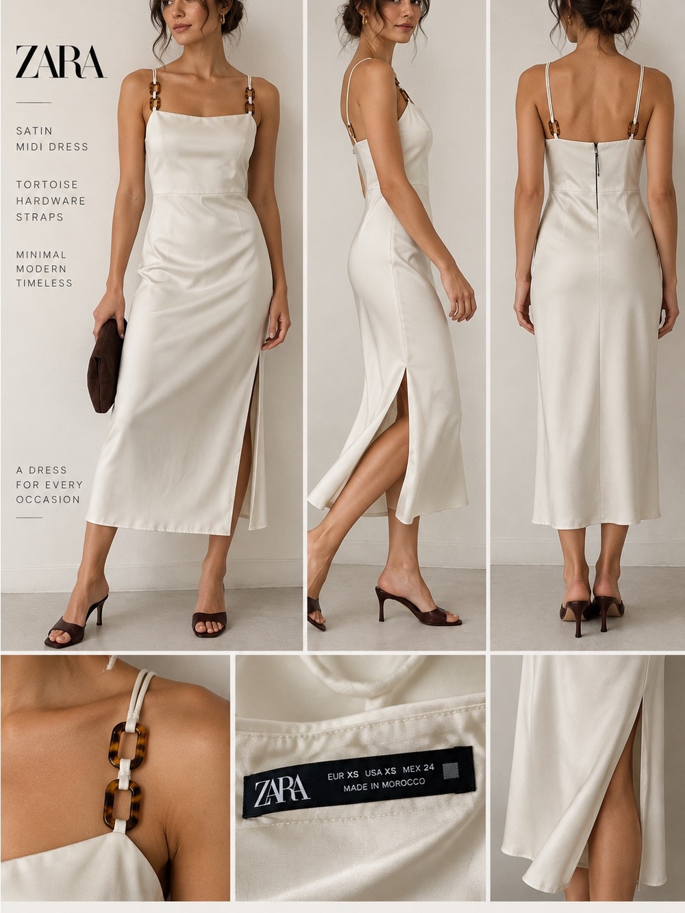 Zara White Satin Slip Midi Dress size XS | Tortoise Chain Strap Side Slit